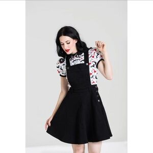 Hell Bunny Black Pinafore Dress with White and Red Top